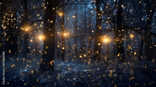 Mysterious forest with fog in the night.