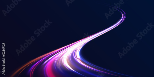  Vector glitter light fire flare trace. Abstract image of speed motion on the road. Dark blue abstract background with ultraviolet neon glow, blurry light lines, waves