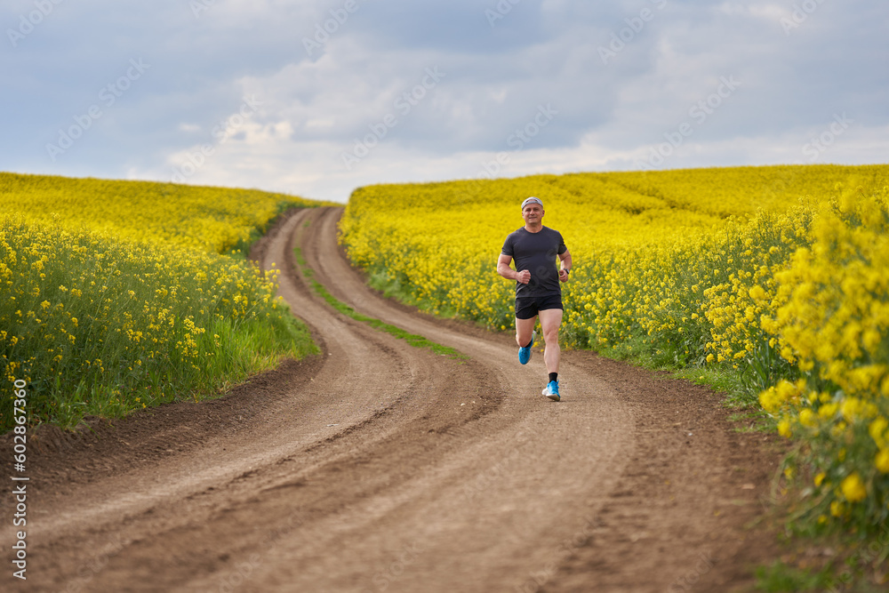 Obraz premium Distance runner running on a road through canola field