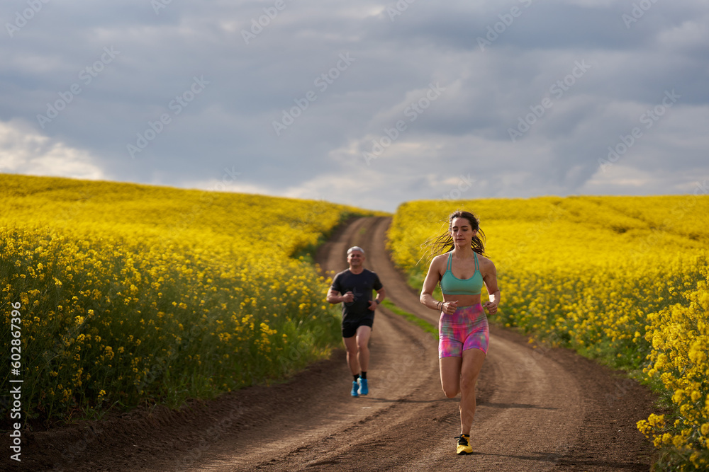 Fototapeta premium Endurance runners on a dirt track in a canola field, training