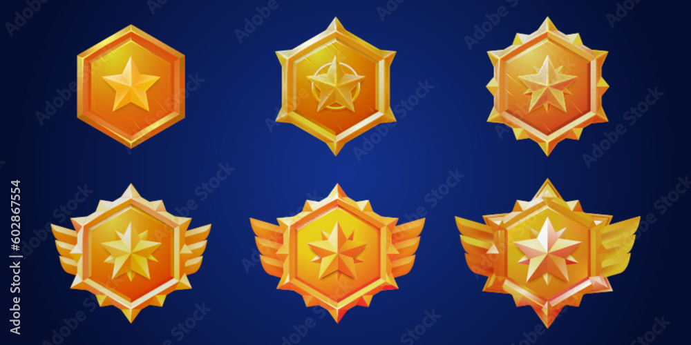 Gold game badge rank medal ui icon vector set. Isolated level trophy cartoon insignia military achievement award. Hexagon label with wings button design for 1st winner prize interface collection. - obrazy, fototapety, plakaty 