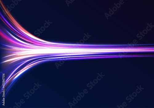Light Trails On Road At Night. 3d render, abstract futuristic neon background with glowing ascending lines. Fantastic wallpaper	