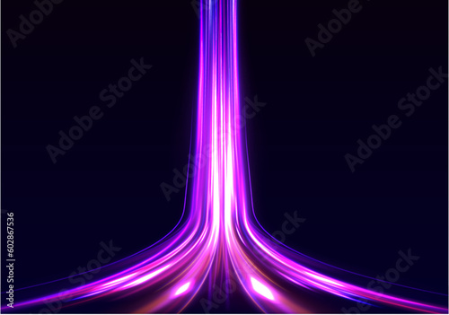Dynamic composition of bright lines forming lights track of speed movement. Futuristic neon light effect. Speed of light concept background	