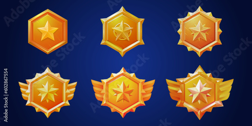 Gold game badge rank medal ui icon vector set. Isolated level trophy cartoon insignia military achievement award. Hexagon label with wings button design for 1st winner prize interface collection.