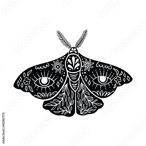 Celestial Luna Moth LInocut Vector Icon. Mystic Floral Insect Silhouette Isolated on White Background. Boho and Magic Witchy Eye Clipart, Occult Symbol Illustration. Black Butterfly Print for T Shirt photo