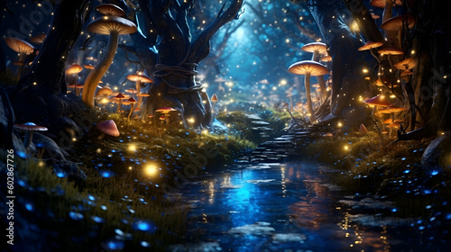 Mysterious forest with mushrooms. 3D illustration. Fantasy background