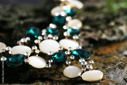 A precious necklace on a tree bark background