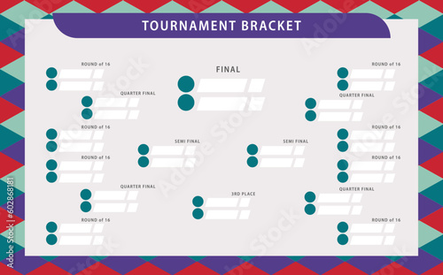 Vector tournament bracket with colorful rhombus pattern background. Simple knocked-off stages drawing. Suitable for football, badminton, basketball, and other sports.