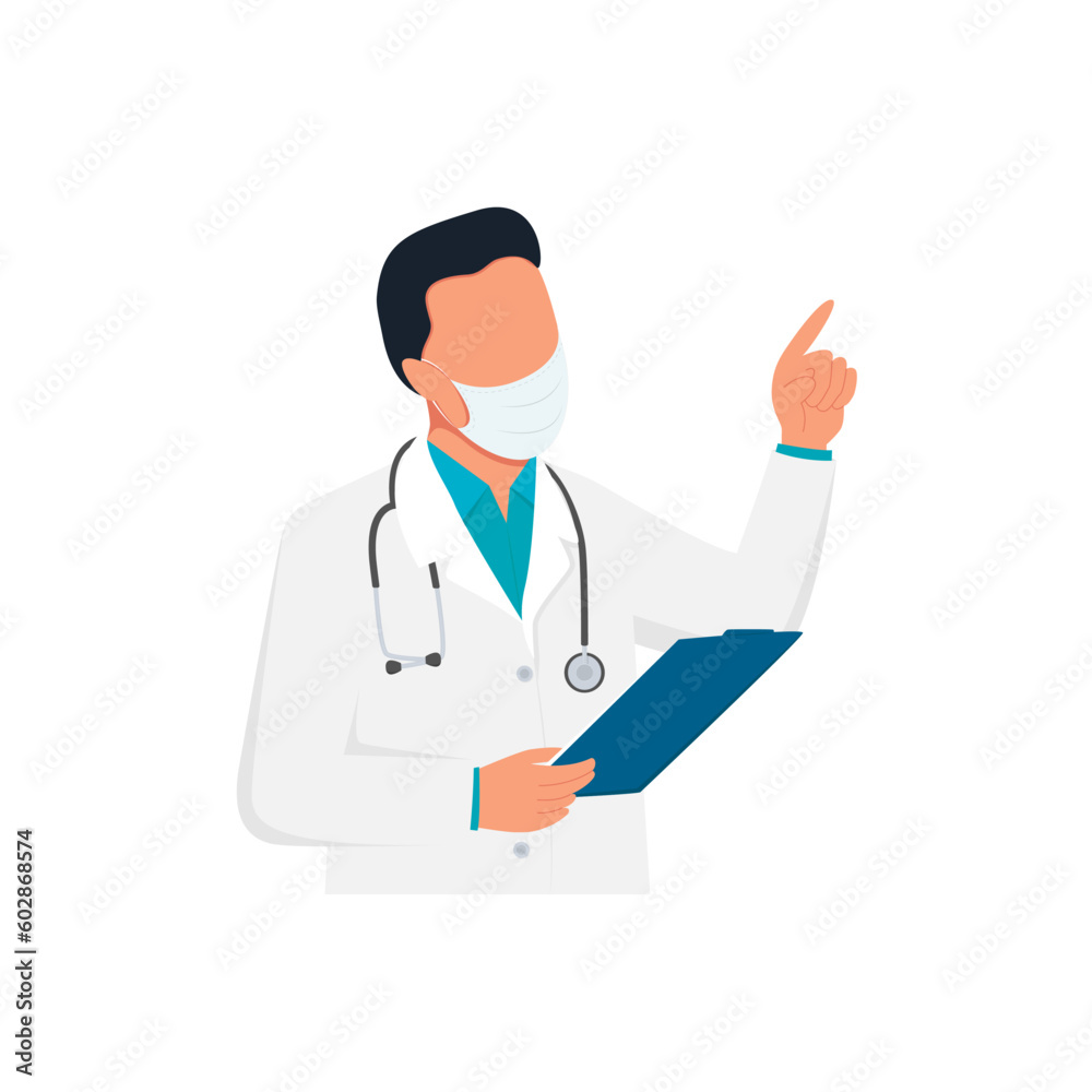 Young doctor holding a tablet for writing and paying attention in protecting mask and uniform with a stethoscope isolated on the white background. Flat vector illustration