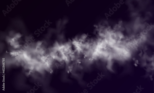 Realistic fog, mist effect. Smoke on dark background. Vector vapor in air, steam flow. Clouds.
