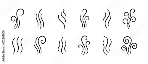 Doodle smoke icons set. Water steam symbols. Hand drawn hot vapors. Line air smell symbols. Doodle fire smoke icons. Vector illustration isolated on white background. photo