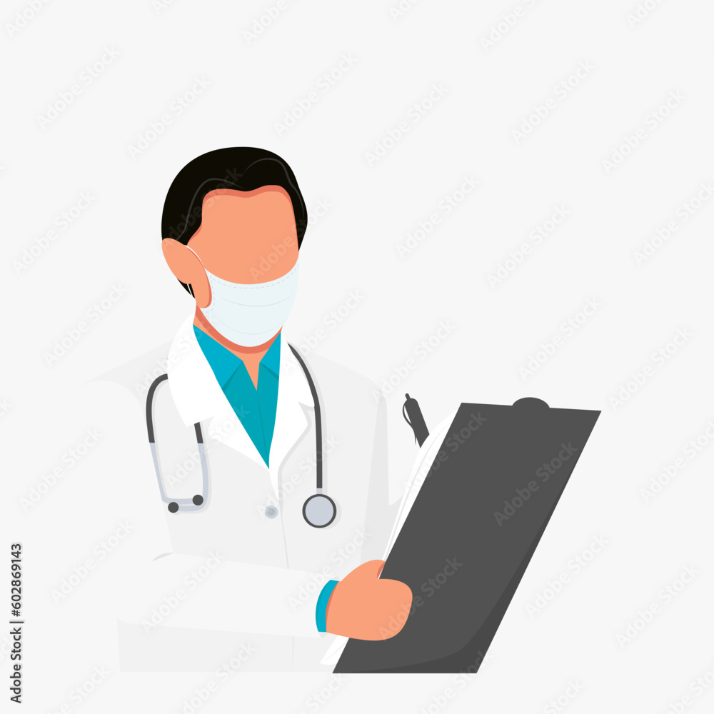 Fototapeta premium Young doctor holding a tablet for writing in mask and uniform with a stethoscope isolated on the white background. Flat vector illustration