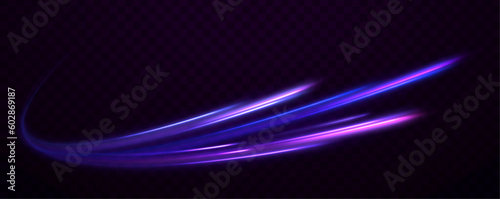  Vector glitter light fire flare trace. Abstract image of speed motion on the road. Dark blue abstract background with ultraviolet neon glow, blurry light lines, waves