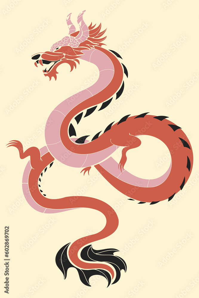 Obraz premium Colorful dragon in Asian style. Symbol of 2024. Illustration for the design of postcards, flyers, packaging. Minimalist Christmas illustration. Mythical creature. Square poster.
