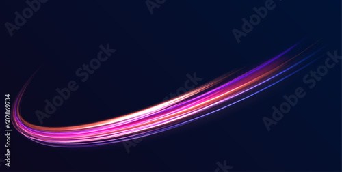Dynamic composition of bright lines forming lights track of speed movement. Futuristic neon light effect. Speed of light concept background 