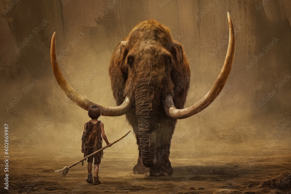 Obraz premium Child boy spear mammoth. Generate Ai