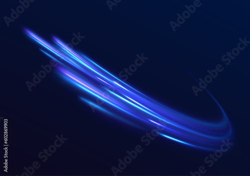 Vector dark blue abstract background with ultraviolet neon glow, blurry light lines, waves. High speed effect motion blur night lights blue and red. Magic shining neon light line trails.