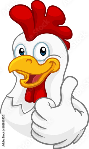 A chicken cartoon rooster cockerel character mascot giving a thumbs up.