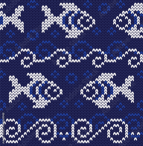 Knitting fish and waves seamless pattern. Marine vector illustration.