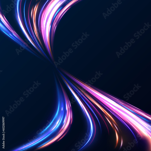 Cyberpunk light trails in motion or light slow shutter effect. Acceleration speed motion on night road. Bright sparkling background. Panoramic high speed technology concept, light abstract background.