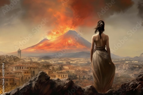 Ancient greek volcano eruption greek woman. Generate Ai photo