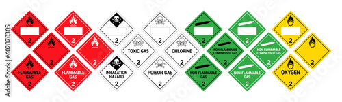 Vector hazardous material signs. Globally Harmonized System warning signs. Gases. Class 2. Hazmat isolated placards