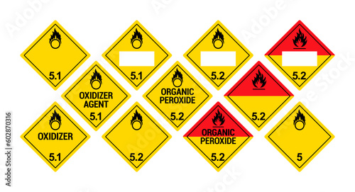 Vector hazardous material signs. Globally Harmonized System warning signs. Oxidising Substances and Organic Pesticides. Class 5. Hazmat isolated placards