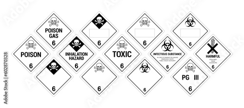 Vector hazardous material signs. Globally Harmonized System warning signs. Toxic and Infections Substances. Class 6. Hazmat isolated placards