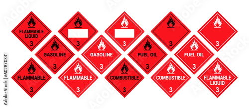 Vector hazardous material signs. Globally Harmonized System warning signs. Flammable Liquids. Class 3. Hazmat isolated placards