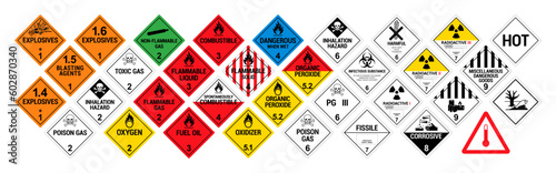Vector hazardous material signs. Globally Harmonized System warning signs. All classes. Hazmat isolated placards