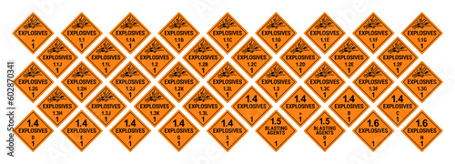Vector hazardous material signs. Globally Harmonized System warning signs. Explosive materials. Class 1. Hazmat isolated placards