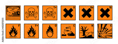 Vector hazardous material signs. Globally Harmonized System warning signs. Hazmat isolated placards