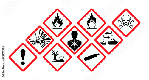 Vector hazardous material signs. Globally Harmonized System warning signs. Hazmat isolated placards photo