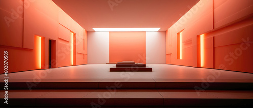 3D rendering of the interior of a modern building illuminated by neon lights