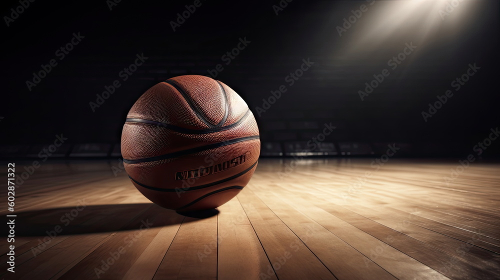 Basketball on wooden floor with stadium background Basketball on wooden floor with stadium background