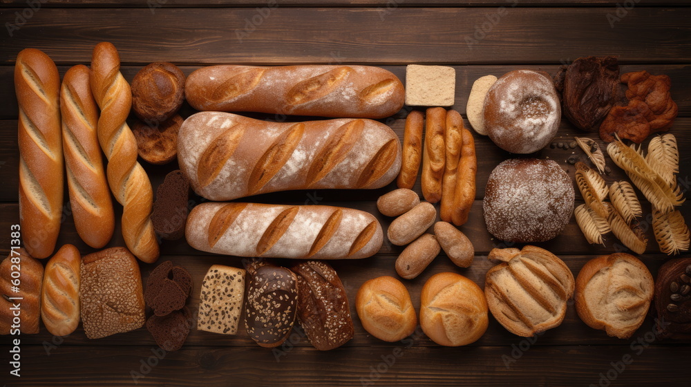 Top view of many kinds of bread on wood background