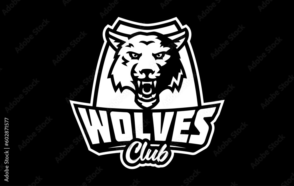 Obraz premium Monochrome sticker, sport logo with wolf mascot. Black and white emblem with the head of a wolf mascot on the background of a shield with a team font. Isolated vector illustration