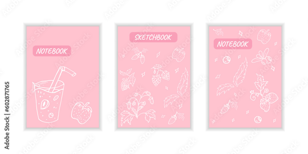 Cover page templates with berries. Pink layouts with strawberries. Doodle style Vector illustration. Cover page templates with berries. Pink layouts with strawberries. Doodle style Vector illustration.