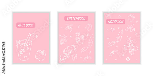 Cover page templates with berries. Pink layouts with strawberries. Doodle style Vector illustration.