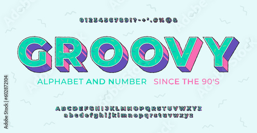 Bright retro font 90's, 80's in cartoon style. Vector retro alphabet with letters symbols and numbers.