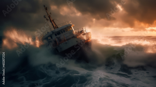 A ship navigates through a powerful storm, showcasing the force of nature at sea. Shallow depth of field, Illustrative Generative AI. © henjon