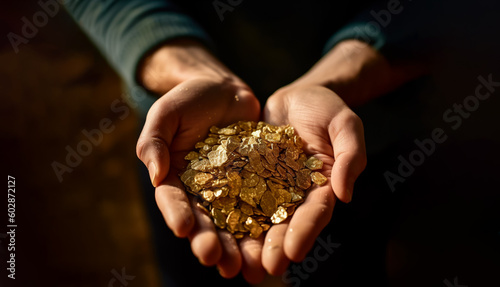 Miner's hands display gold nuggets, symbolizing wealth and the rewards of hard work. Shallow depth of field, Illustrative Generative AI.