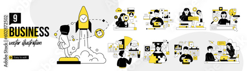 Big collection of scenes with men and women taking part in business activities. Business Concept illustrations. Vector illustration