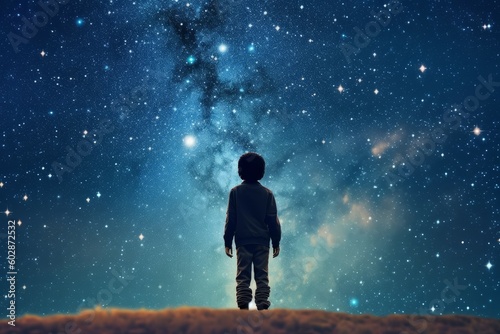 Fotografia Astronomer starry sky night child. Generate Ai