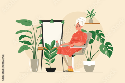 Beauty salon yellow concept with people scene in the flat cartoon design. A woman relaxes and does beauty treatments in a spa salon after a hard day's work. Vector illustration.