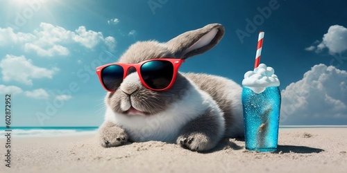 rabbit on the beach in summer. Generative AI. © D