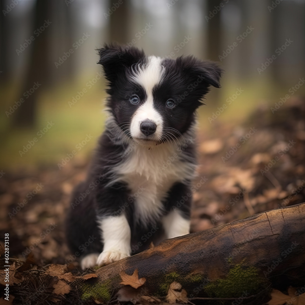 border collie puppy in a forest 