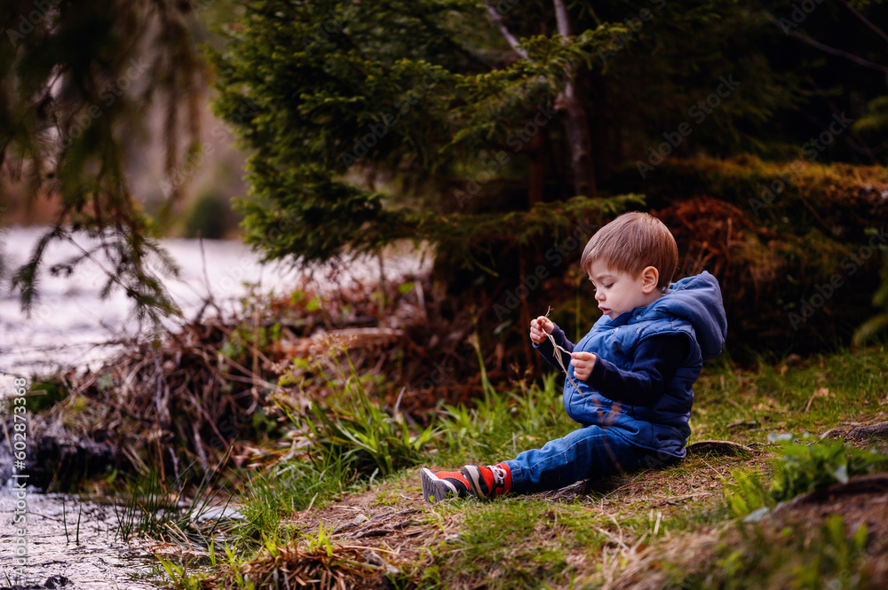 Little toddler boy in blue spring warm outfit sitting on stone in forest Little toddler boy in blue spring warm outfit sitting on stone in forest