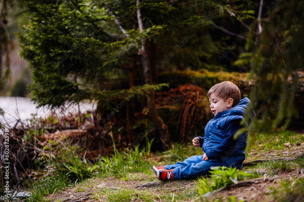 Little toddler boy in blue spring warm outfit sitting on stone in forest Little toddler boy in blue spring warm outfit sitting on stone in forest