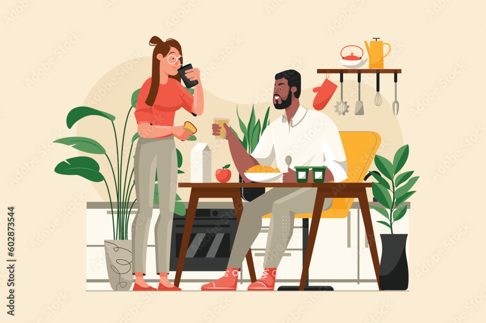 Fototapeta premium Breakfast yellow concept with people scene in the flat cartoon design. A woman feeds a man a delicious breakfast. Vector illustration.